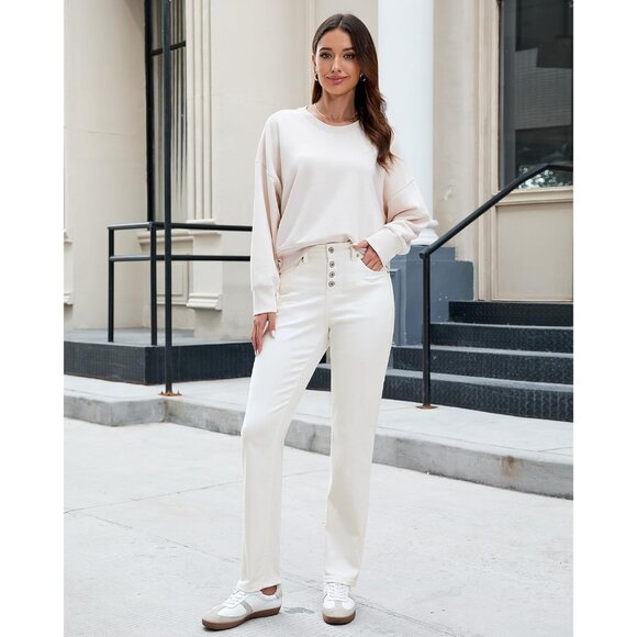 High Waisted Womens Jeans Stretchy Denim Straight Leg with Pockets for Casual - Picture 6 of 6